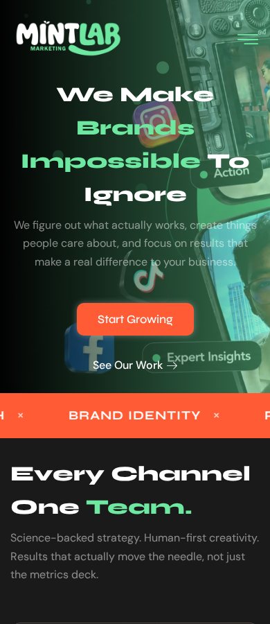 MintLab Marketing website on a phone